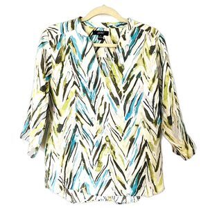 Avec Linen Muticolor V Neck 3/4 Roll Up Sleeve Top Blouse Sz M